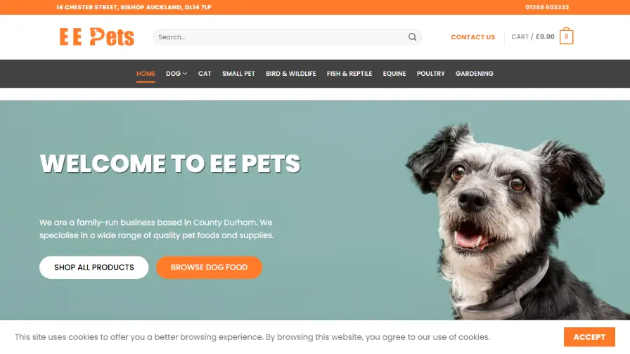 EE Pets online shop homepage